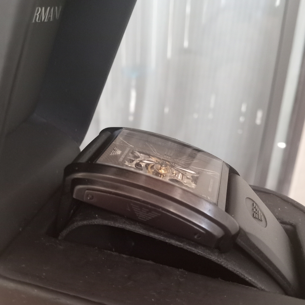 Emporio Armani Meccanico Black Rectangular Dial Silicone Strap Automatic Watch - Picture 13 of 15